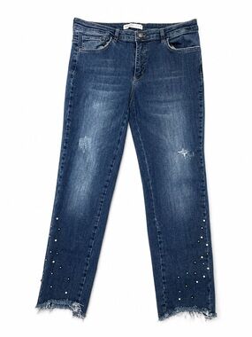 Zara Basic Distressed Studded Hem Skinny Jeans Size 12 Dark Wash